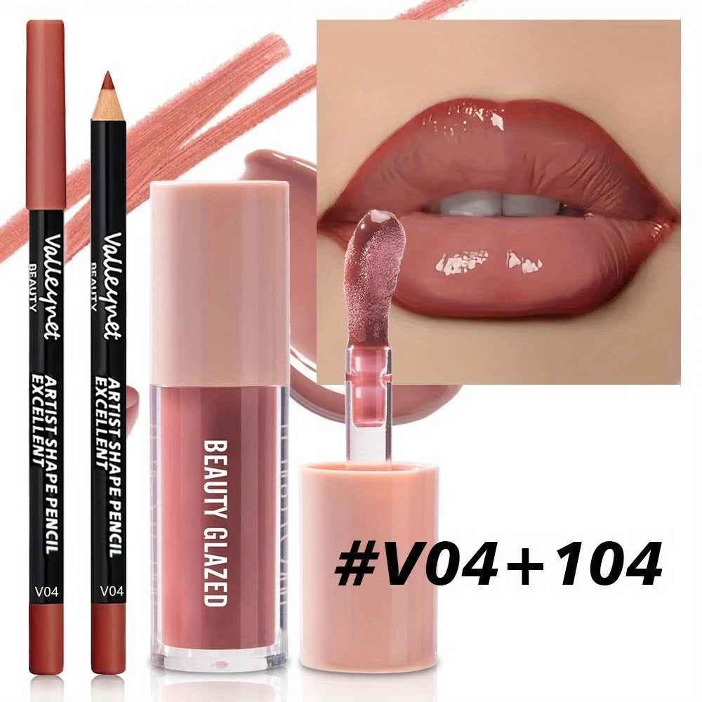 2pcs/set Velvet Texture Lip Makeup Set - Lip Liner - Lip Glaze - Waterproof Long-lasting Matte Effect, Red, Brown