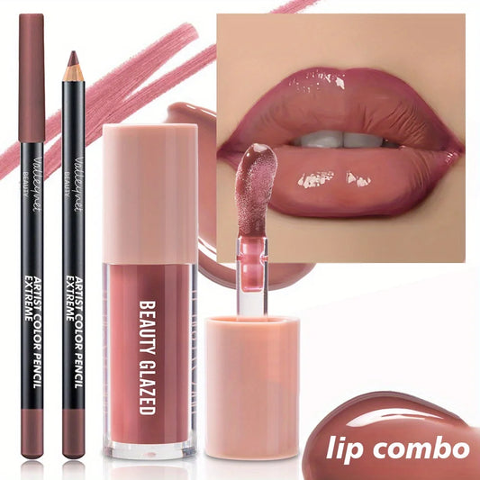 2pcs/set Velvet Texture Lip Makeup Set - Lip Liner - Lip Glaze - Waterproof Long-lasting Matte Effect, Red, Brown